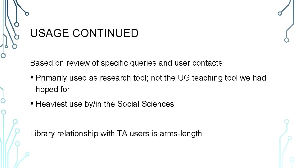 USAGE CONTINUED Based on review of specific queries and user contacts • Primarily used