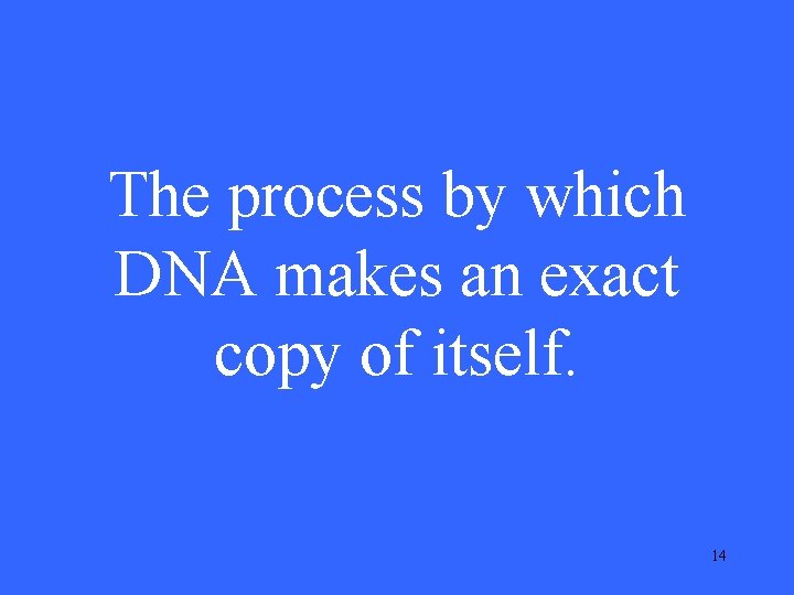 The process by which DNA makes an exact copy of itself. 14 