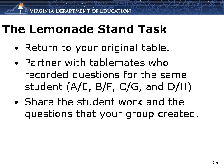 The Lemonade Stand Task • Return to your original table. • Partner with tablemates