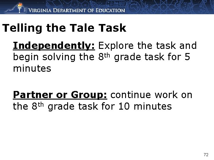 Telling the Tale Task Independently: Explore the task and begin solving the 8 th