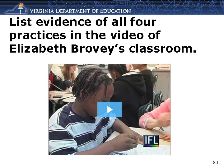 List evidence of all four practices in the video of Elizabeth Brovey’s classroom. 93