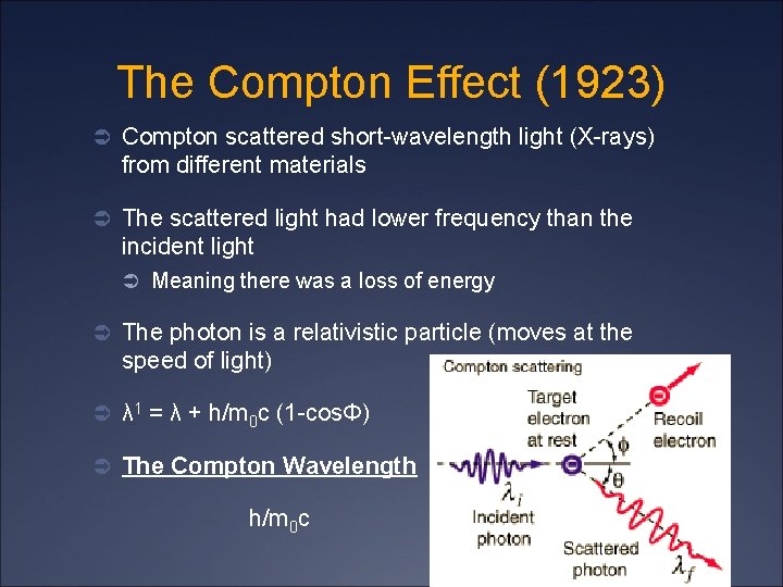 The Compton Effect (1923) Ü Compton scattered short-wavelength light (X-rays) from different materials Ü