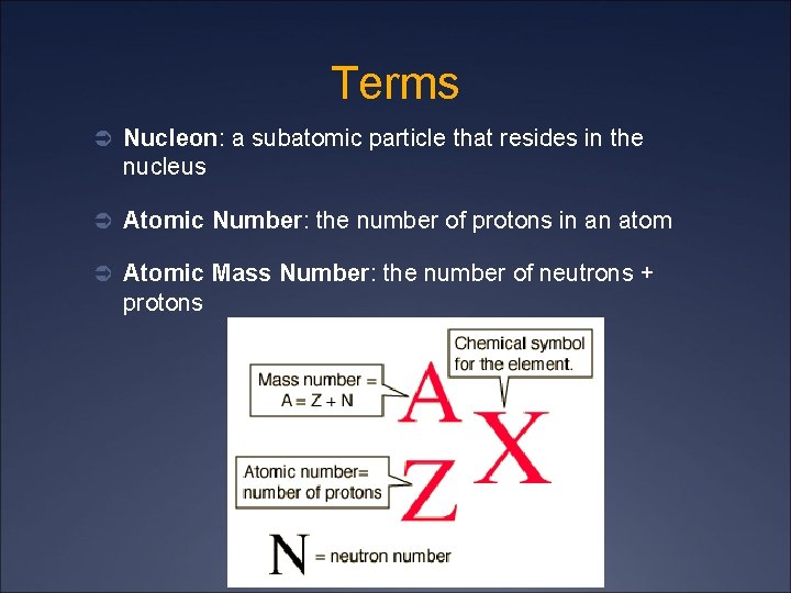 Terms Ü Nucleon: a subatomic particle that resides in the nucleus Ü Atomic Number: