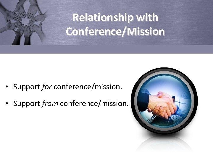 Relationship with Conference/Mission • Support for conference/mission. • Support from conference/mission. 