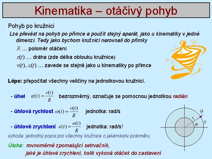 Kinematika – otáčivý pohyb Pohyb po kružnici Lze převést na pohyb po přímce a