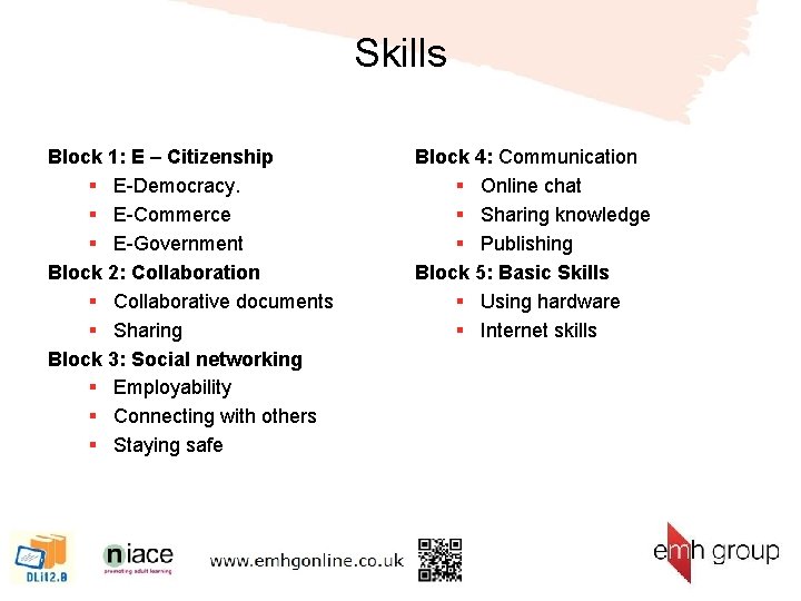 Skills Block 1: E – Citizenship § E-Democracy. § E-Commerce § E-Government Block 2: