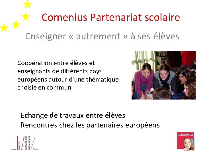 Comenius Partenariat scolaire Enseigner « autrement » à ses élèves Coopération entre élèves et
