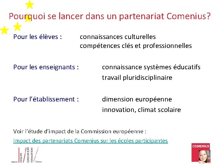 Pourquoi se lancer dans un partenariat Comenius? Pour les élèves : connaissances culturelles compétences