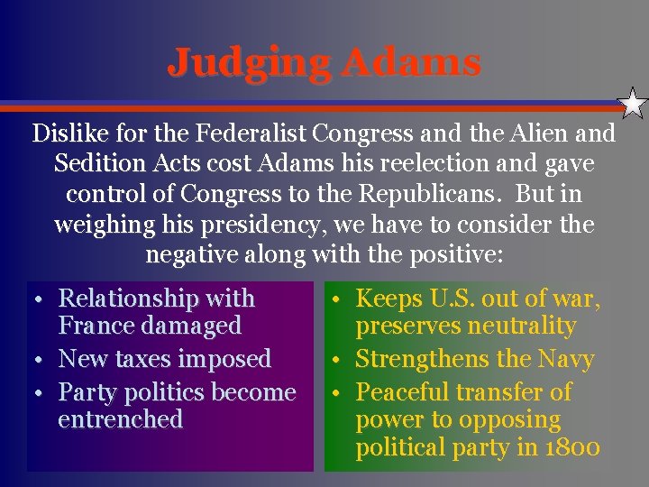 Judging Adams Dislike for the Federalist Congress and the Alien and Sedition Acts cost