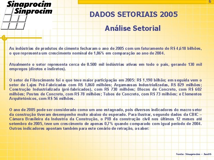 6 DADOS SETORIAIS 2005 Análise Setorial As indústrias de produtos de cimento fecharam o