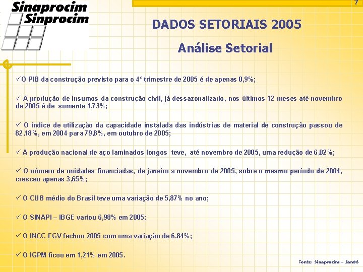 7 DADOS SETORIAIS 2005 Análise Setorial üO PIB da construção previsto para o 4º