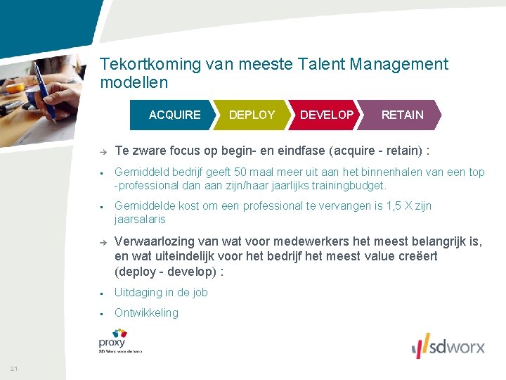 Tekortkoming van meeste Talent Management modellen ACQUIRE DEPLOY DEVELOP RETAIN Te zware focus op