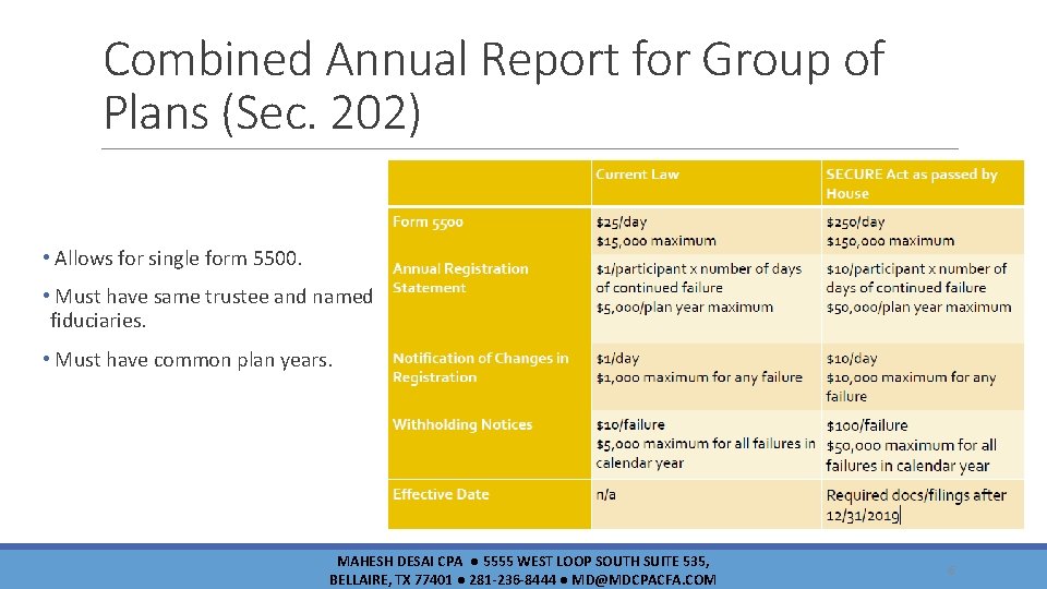 Combined Annual Report for Group of Plans (Sec. 202) • Allows for single form