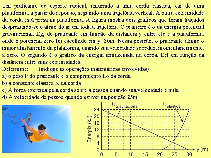 Um praticante de esporte radical, amarrado a uma corda elástica, cai de uma plataforma,