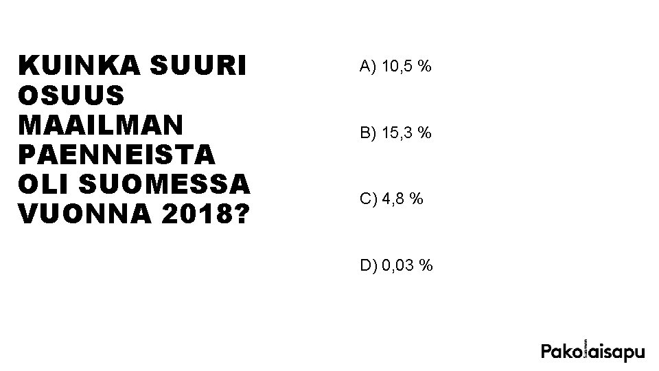 KUINKA SUURI OSUUS MAAILMAN PAENNEISTA OLI SUOMESSA VUONNA 2018? A) 10, 5 % B)