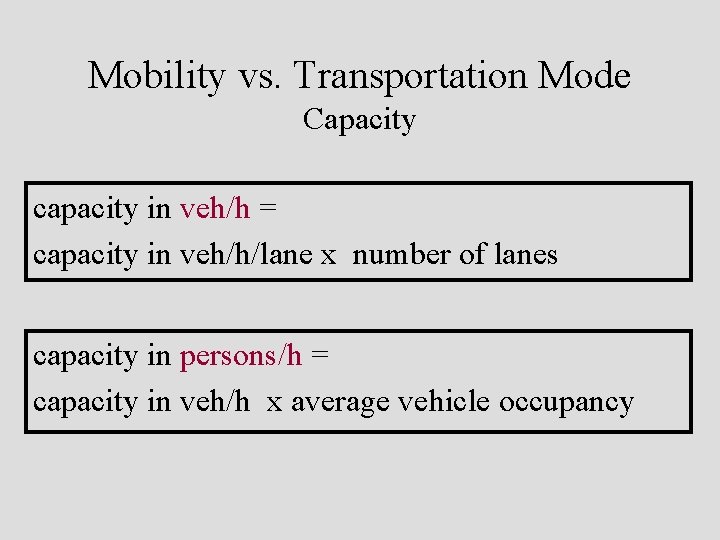 Mobility vs. Transportation Mode Capacity capacity in veh/h = capacity in veh/h/lane x number