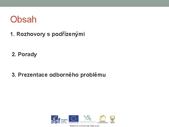 Obsah 1. Rozhovory s podřízenými 2. Porady 3. Prezentace odborného problému 