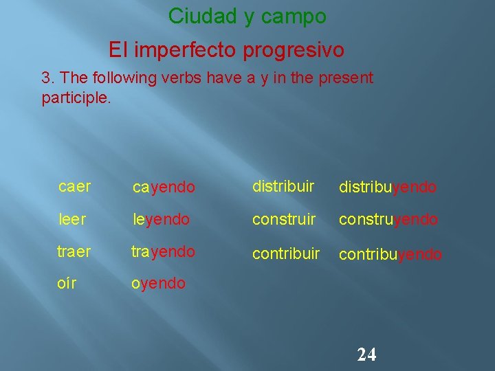Ciudad y campo El imperfecto progresivo 3. The following verbs have a y in