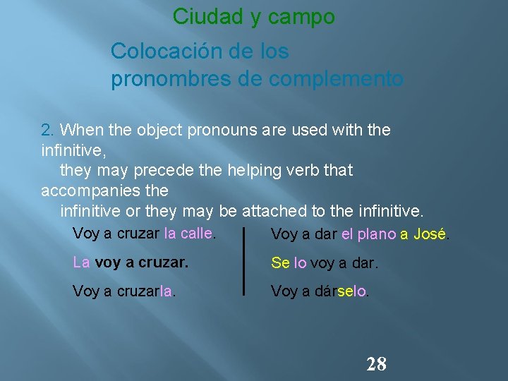 Ciudad y campo Colocación de los pronombres de complemento 2. When the object pronouns