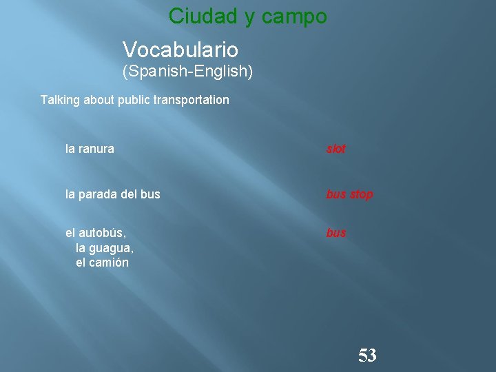 Ciudad y campo Vocabulario (Spanish-English) Talking about public transportation la ranura slot la parada