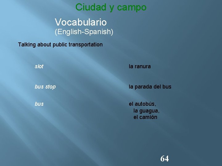 Ciudad y campo Vocabulario (English-Spanish) Talking about public transportation slot la ranura bus stop