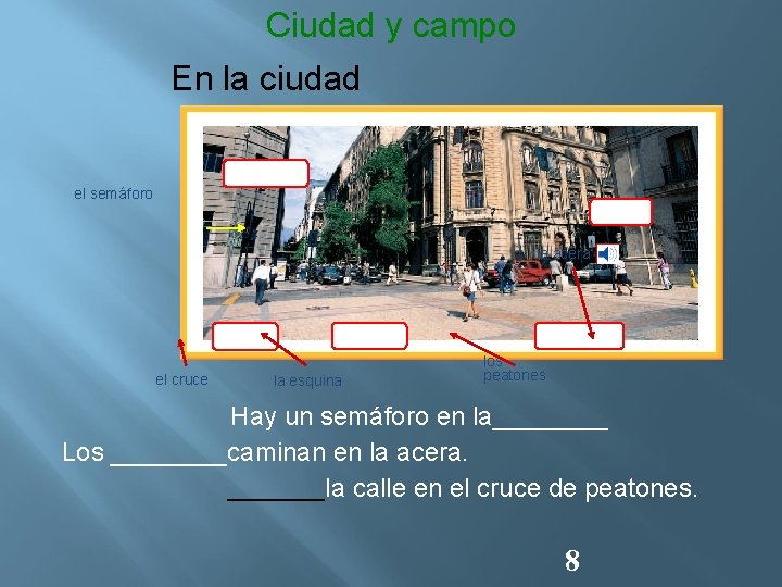 Ciudad y campo En la ciudad el semáforo la acera el cruce la esquina