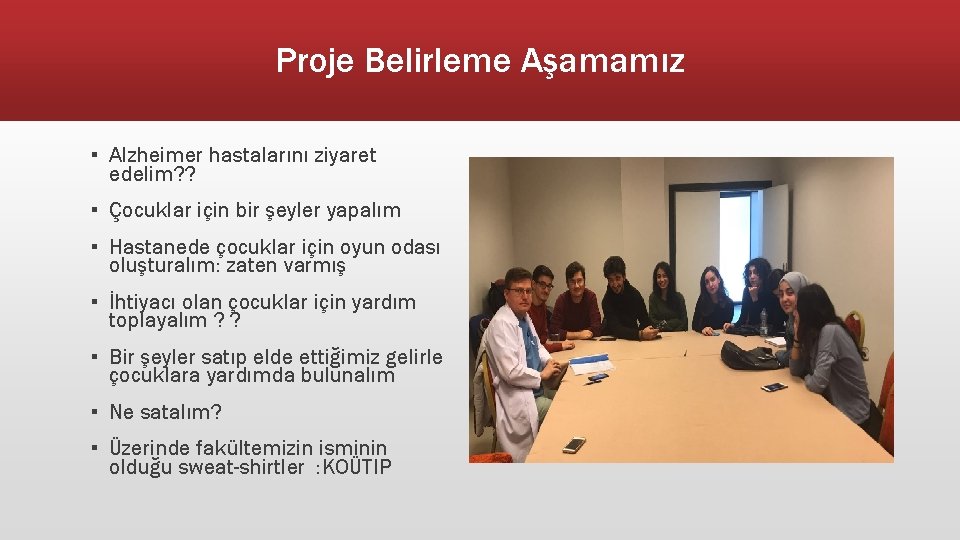 Proje Belirleme Aşamamız ▪ Alzheimer hastalarını ziyaret edelim? ? ▪ Çocuklar için bir şeyler