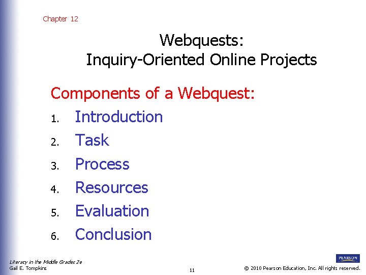 Chapter 12 Webquests: Inquiry-Oriented Online Projects Components of a Webquest: 1. Introduction 2. Task