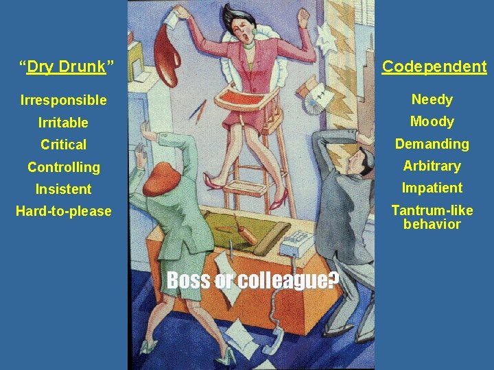 “Dry Drunk” Codependent Irresponsible Needy Irritable Moody Critical Demanding Controlling Arbitrary Insistent Impatient Hard-to-please