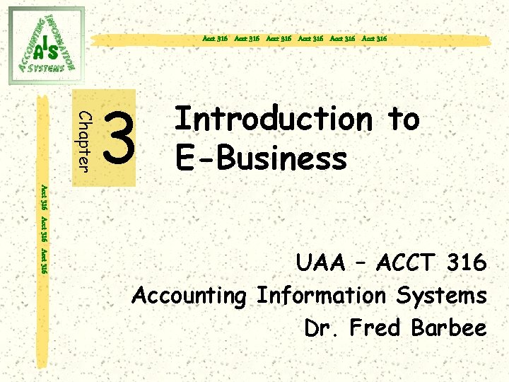 Acct 316 Acct 316 Chapter 3 Introduction to E-Business Acct 316 UAA – ACCT