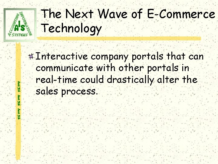 The Next Wave of E-Commerce Technology Acct 316 Interactive company portals that can communicate