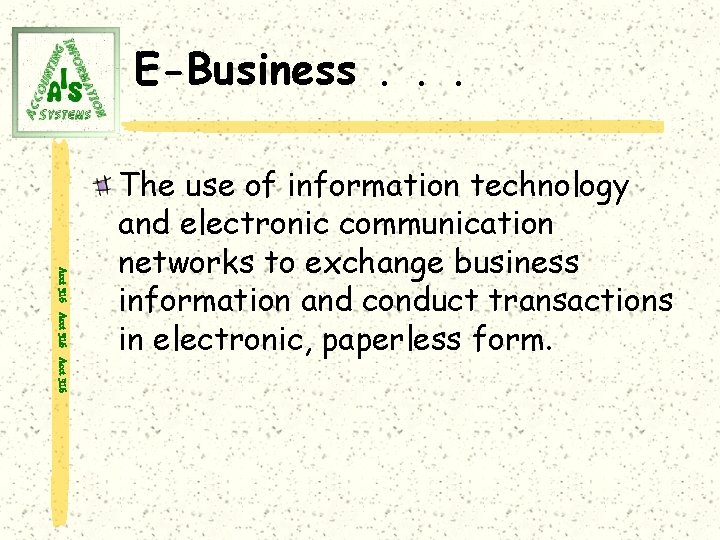 E-Business. . . Acct 316 The use of information technology and electronic communication networks