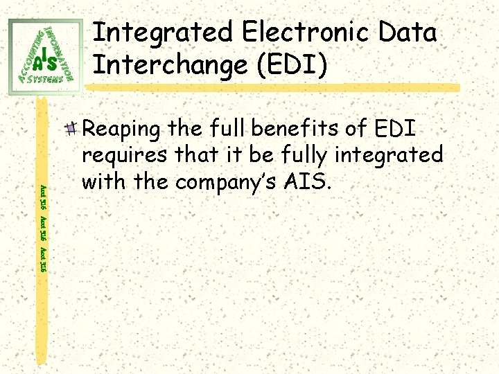 Integrated Electronic Data Interchange (EDI) Acct 316 Reaping the full benefits of EDI requires