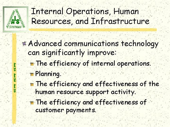 Internal Operations, Human Resources, and Infrastructure Advanced communications technology can significantly improve: Acct 316