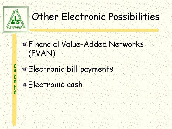 Other Electronic Possibilities Financial Value-Added Networks (FVAN) Acct 316 Electronic bill payments Electronic cash