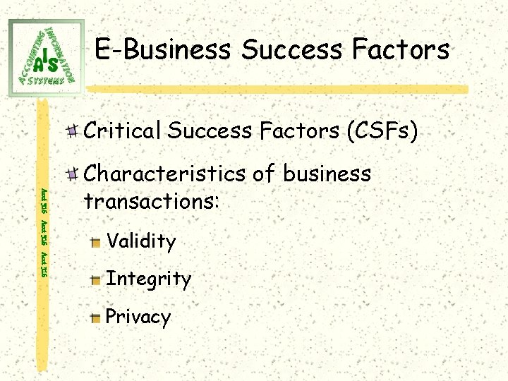 E-Business Success Factors Critical Success Factors (CSFs) Acct 316 Characteristics of business transactions: Validity