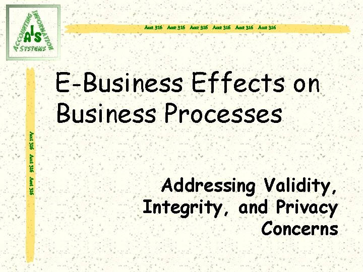 Acct 316 Acct 316 E-Business Effects on Business Processes Acct 316 Addressing Validity, Integrity,