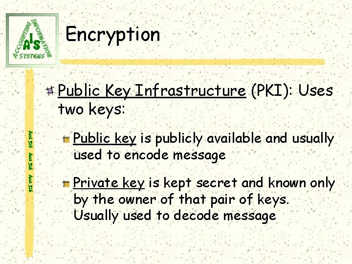 Encryption Public Key Infrastructure (PKI): Uses two keys: Acct 316 Public key is publicly