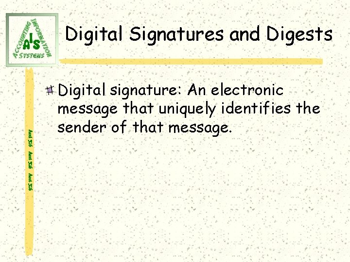 Digital Signatures and Digests Acct 316 Digital signature: An electronic message that uniquely identifies