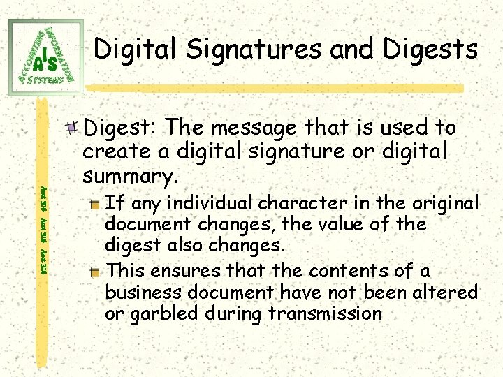 Digital Signatures and Digests Acct 316 Digest: The message that is used to create