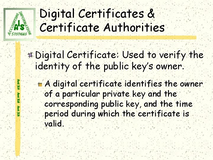 Digital Certificates & Certificate Authorities Digital Certificate: Used to verify the identity of the