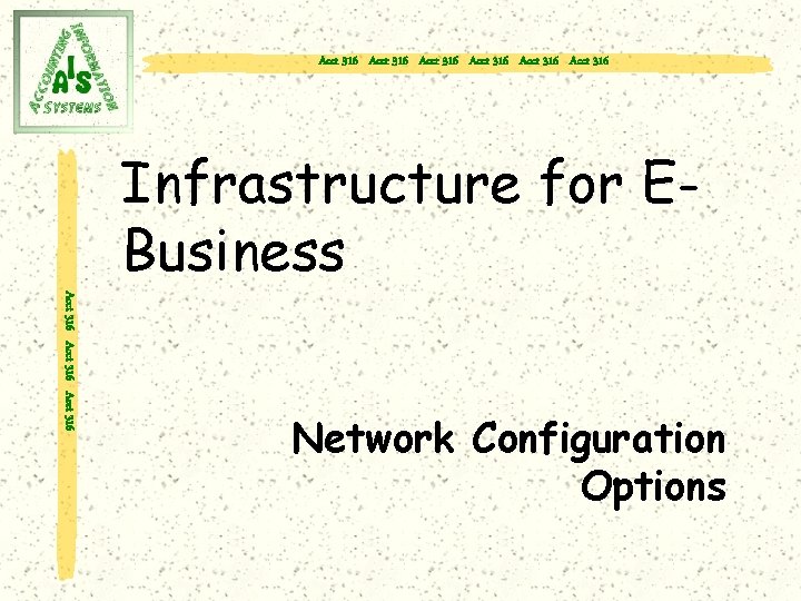 Acct 316 Acct 316 Infrastructure for EBusiness Acct 316 Network Configuration Options 