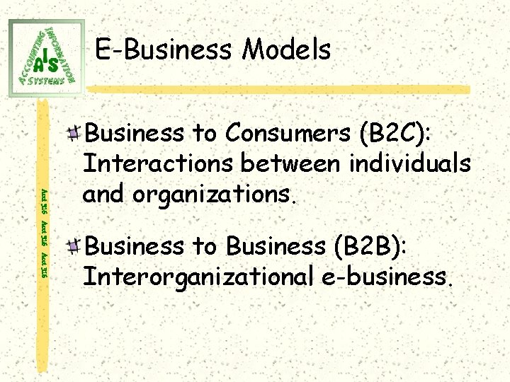 E-Business Models Acct 316 Business to Consumers (B 2 C): Interactions between individuals and