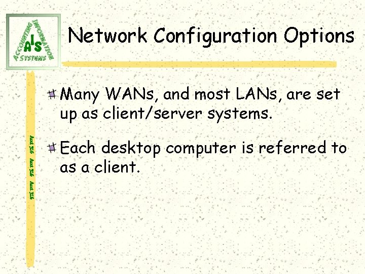 Network Configuration Options Many WANs, and most LANs, are set up as client/server systems.