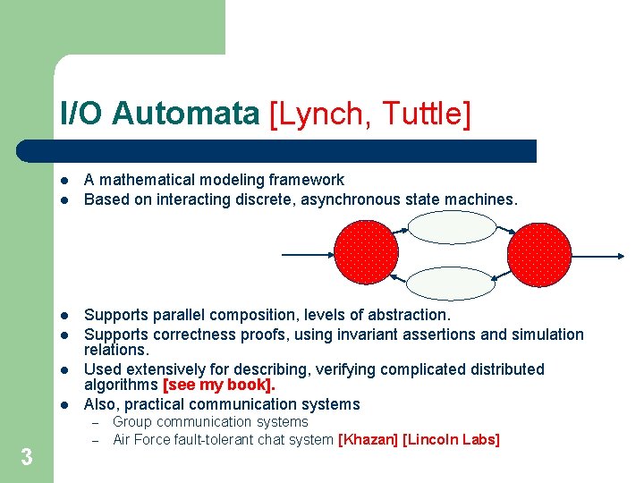 I/O Automata [Lynch, Tuttle] l l l A mathematical modeling framework Based on interacting