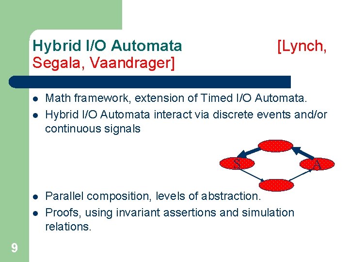 Hybrid I/O Automata Segala, Vaandrager] l l [Lynch, Math framework, extension of Timed I/O