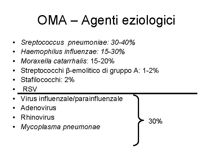 OMA – Agenti eziologici • • • Sreptococcus pneumoniae: 30 -40% Haemophilus influenzae: 15