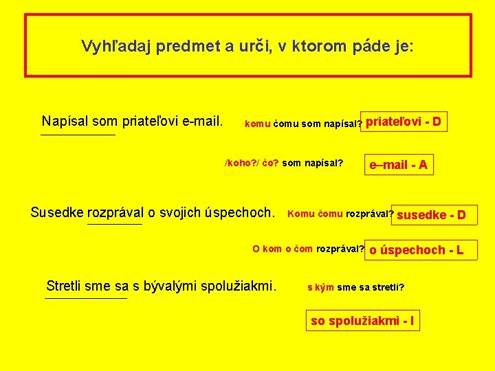 Vyhľadaj predmet a urči, v ktorom páde je: Napísal som priateľovi e-mail. komu čomu