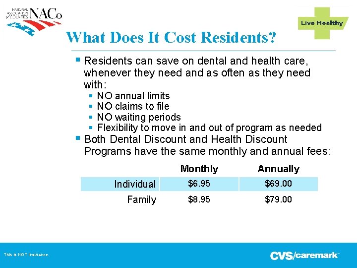 What Does It Cost Residents? § Residents can save on dental and health care, What Does It Cost Residents? § Residents can save on dental and health care,