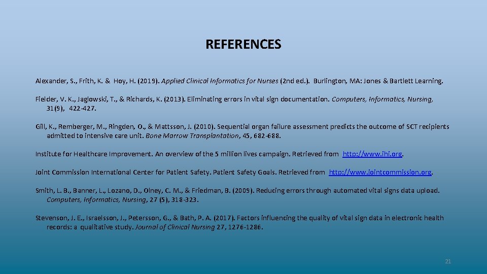 REFERENCES Alexander, S. , Frith, K. & Hoy, H. (2019). Applied Clinical Informatics for